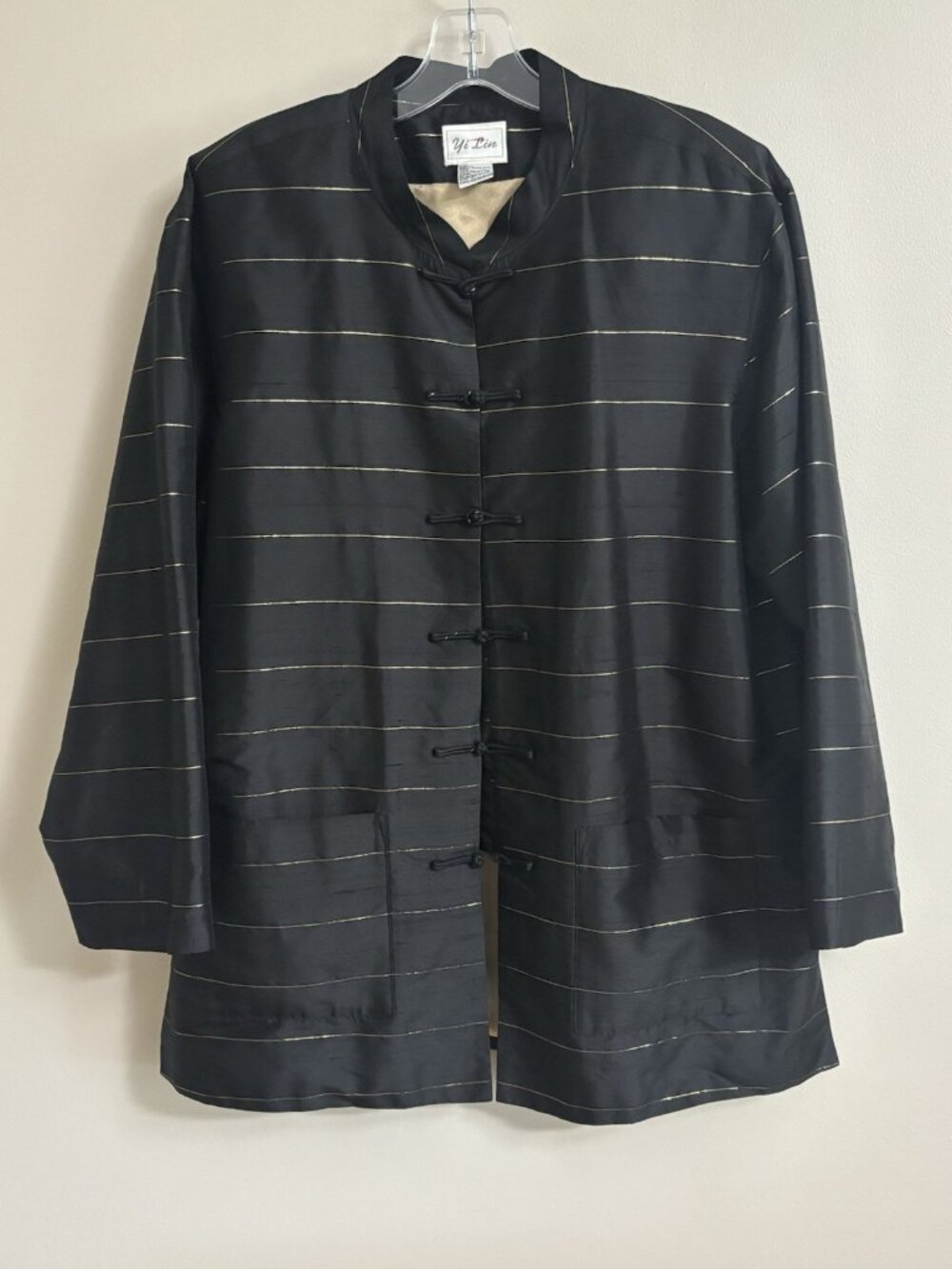 Vintage Silk Yi Lin Black Gold Chinese-style Jacket Toggle Button Asian 90s Med